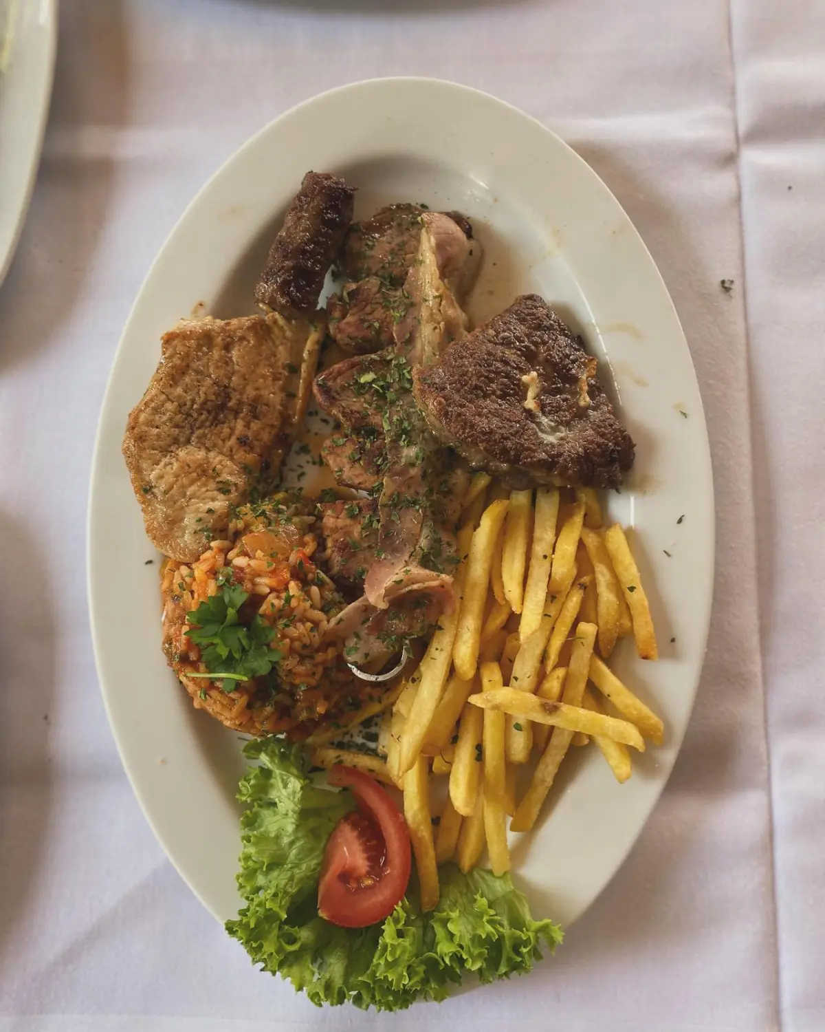 Balkan Grill - Gegrilltes Fleisch, serviert mit Reis, Pommes Frites und Salat